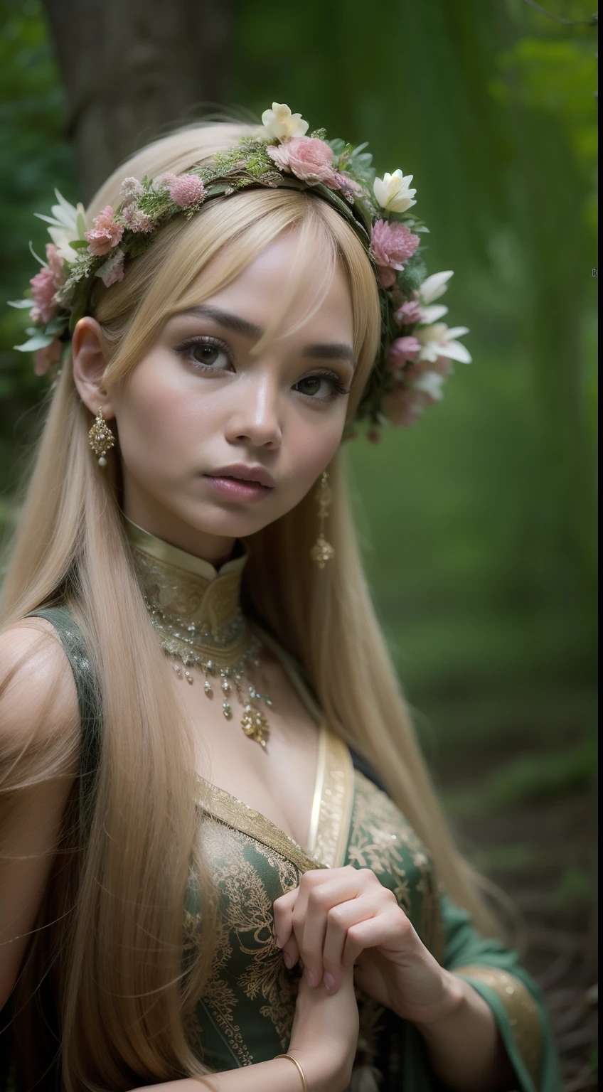Create a mystical forest portrait with the Malay woman in an ethereal, flowy gown, medium blonde hair with bangs, posed among ancient trees and glowing mushrooms, embodying the enchantment of the woods.
