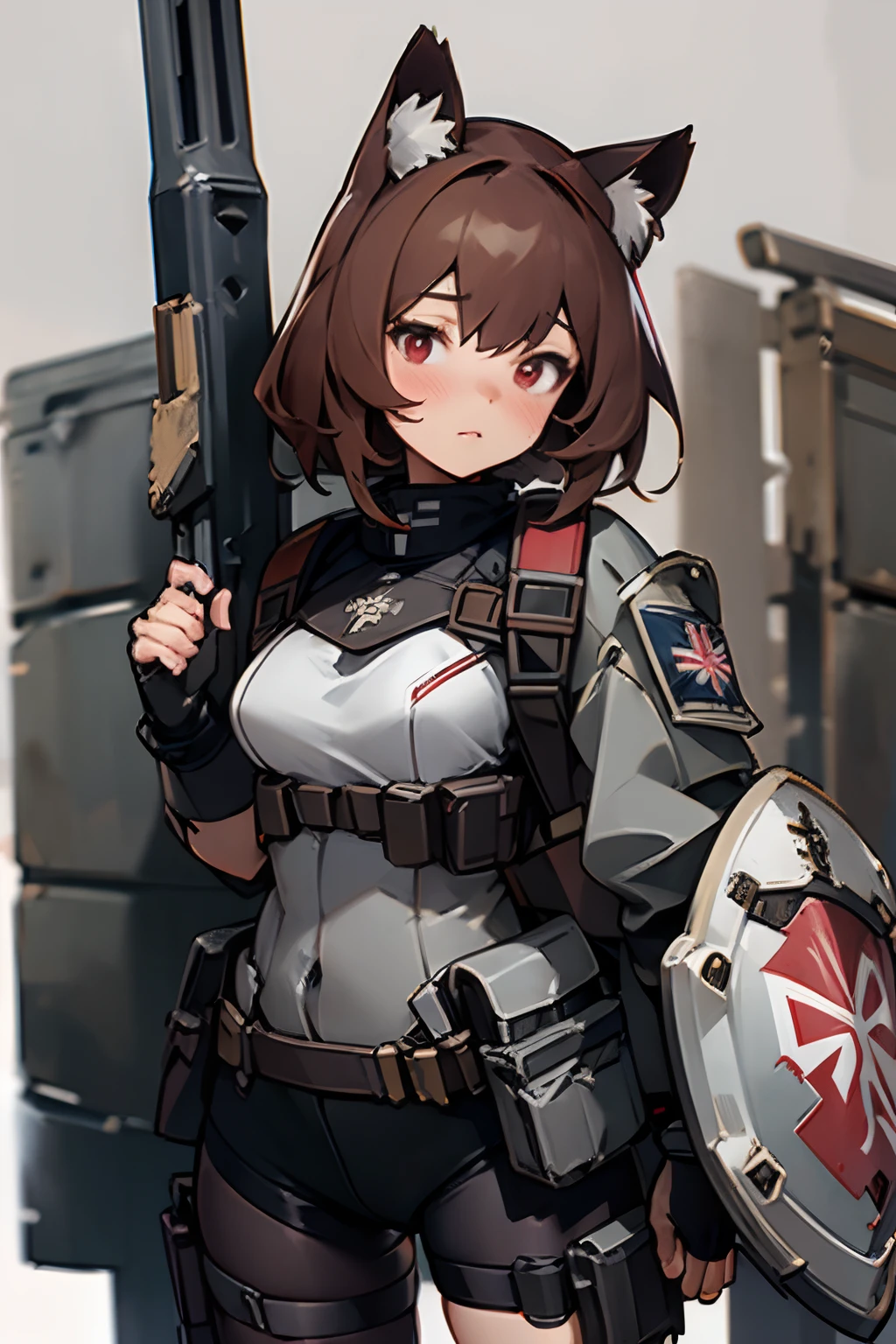 masterpiece, 8k, high quality, 1 girl, cat ears, military, tactical gear, body armor, chest rig, (pouches), red eyes, stockings, fingerless gloves, brown hair, (face portrait), closeup, platecarrier, heavily armored, gorka, molle, shield, ballistic shield, riot gear, riot shield