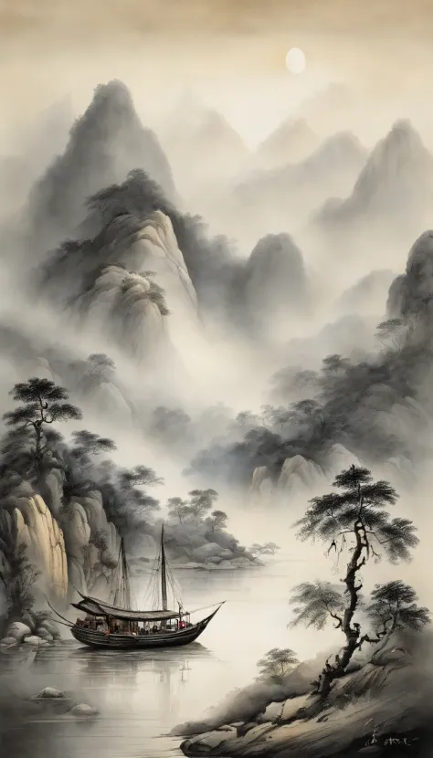 Chinese landscape painting，ink and watercolor painting，water ink，ink，Smudge，Faraway view，Ultra-wide viewing angle，Meticulous，Light boat in the distance，Faraway view，Meticulous，Smudge，Heavy fog，misterious，low-saturation，Low contrast，The light boat has cross...