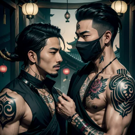 Two oriental men, Boyfriend, In the fun, roleplaying, One plays a sexy bandit,male people, A mask（black in color）, Kiss, Orienta...