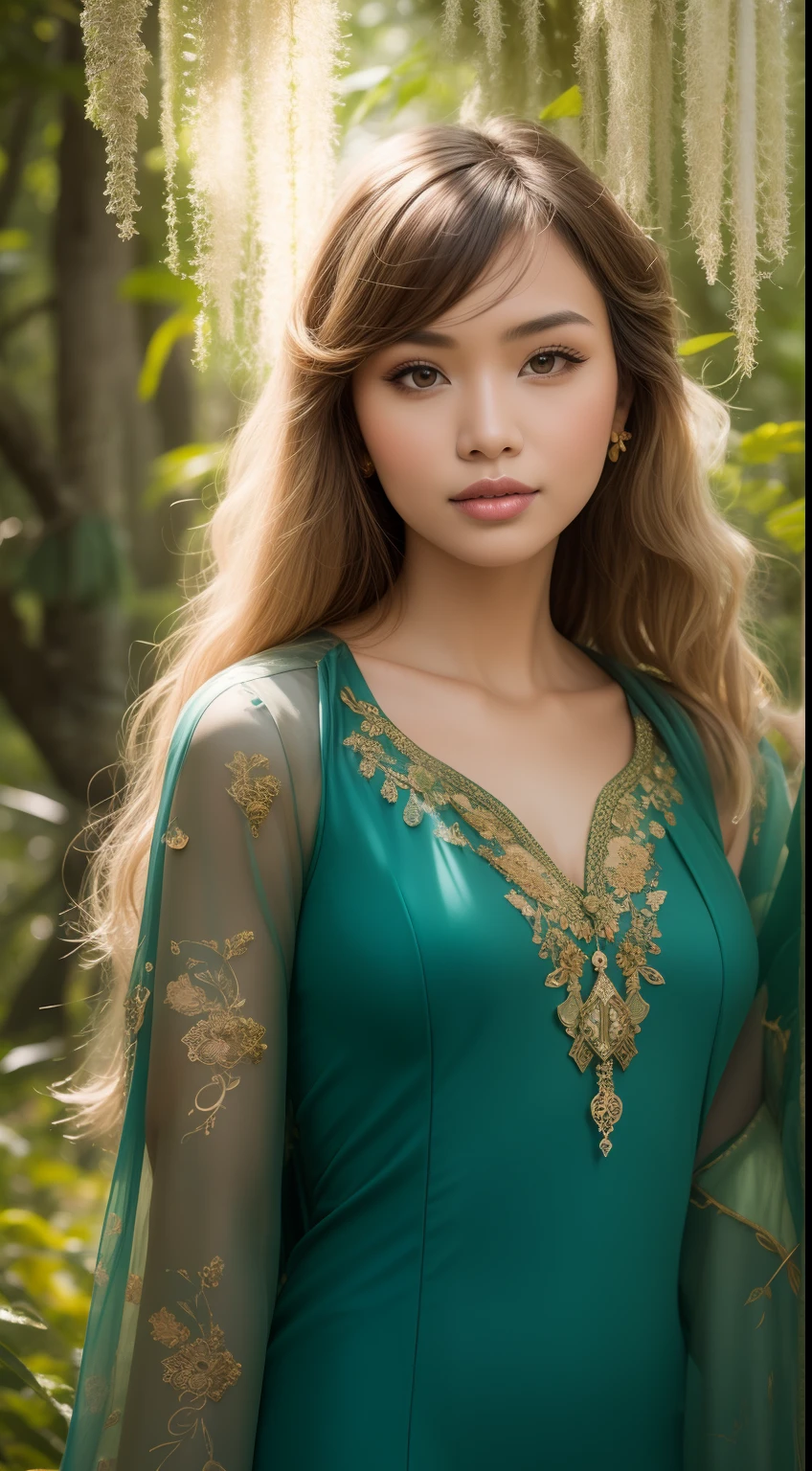 Crea un retrato místico del bosque con la mujer malaya en un ambiente etéreo., vestido fluido, cabello rubio medio con flequillo, Posada entre árboles centenarios y hongos brillantes., Encarnando el encanto del bosque.