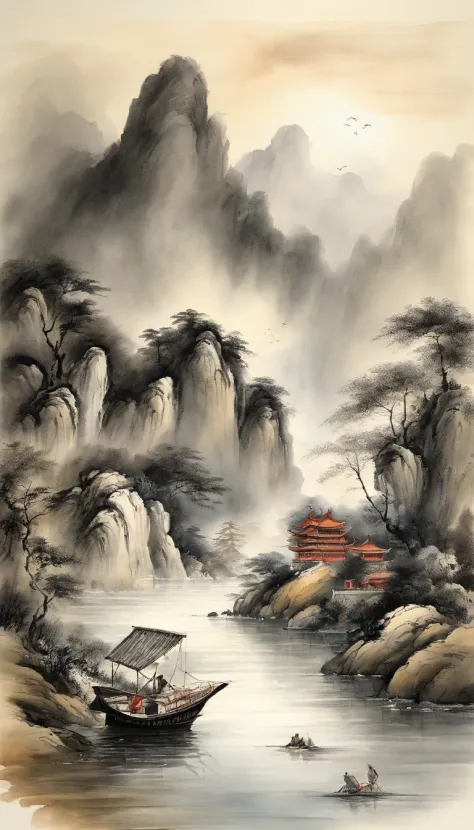 Chinese landscape painting，ink and watercolor painting，water ink，ink，Smudge，Faraway view，Ultra-wide viewing angle，Meticulous，water ink，Smudge，Meticulous，Smudge，low-saturation，Low contrast，The sea rises and the moon rises，The light boat has crossed the Ten ...