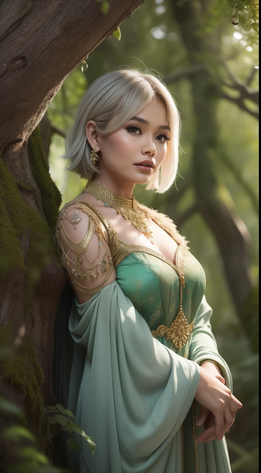 Create a mystical forest portrait with the Malay woman in an ethereal, flowy gown, short bob white hair with bangs, posed among ancient trees and glowing mushrooms, embodying the enchantment of the woods.