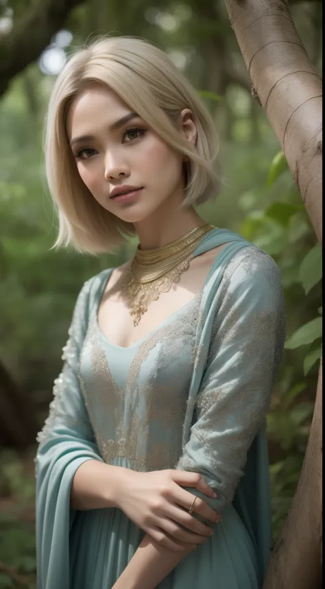 create a mystical forest portrait with the malay woman in an ethereal, flowy gown, short bob white hair with bangs, posed among ...