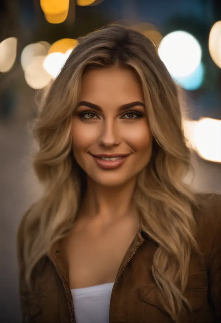 a smiling dirty blonde walks down the street in LA. sexy 25 year old. realistic photo. ultra detailed. in sexy clothes HDR, very realistic, photorealism, 8k, cinematic lighting, natural pose, hispanic, full body, perfect angle, sexy girl with brown eyes, u...