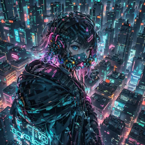 1girl, wear cyberpunk mask, neon mask, detail mask, from above, cyberpunk city