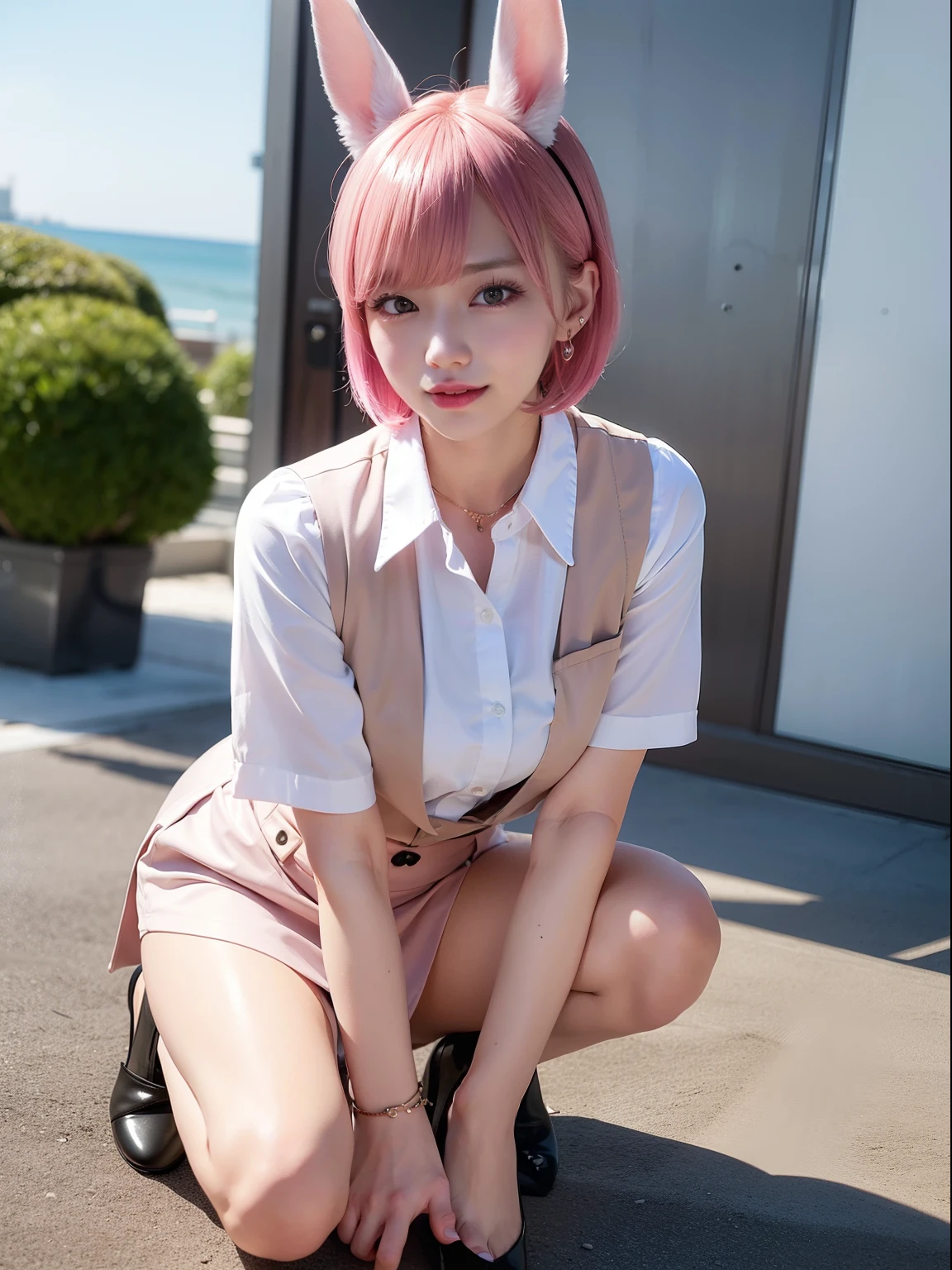 Pink short cut hair，(8K, top-quality, ​masterpiece:1.2), (realisitic, Photorealsitic:1.37), Ultra-detail, 1 girl in, full body Esbian, a park, (Adjusted hair:1.5) Officelady, Black Office Blazer, Office Skirt, (panthyhose: 1.2)、(Short button-down shirt:1.2)、Button Up Color Prim、Button Down Color Prim、bura、(panthyhose:1.2)、Alpha Layer、high-heels、earring beautiful、cute little、solo、Beautiful detailed sky、(A smile:1.15)、(Mouth closed)、tiny chest、Eyes in Beautiful Details、Business attire、（short-hair：1.2）、Floating Hair NovaFrogStyle、Hotel Bed、masuter piece、Pink Shortcut Bob、Realistic rabbit ears、Pink realistic rabbit ears、Realistic ears of rabbits sticking out of the head、Pink hair、Beautiful girl in her 20s、Bewitching atmosphere、Beautiful shaped hands、K-POP、Pink rabbit ears、1 girl in、solo、​masterpiece、top-quality、realisitic、Hyper-detailing、(Glossy skin:1.4)、absurderes、short pink hair、Slender beauties、Dynamic Lighting、hight resolution、sharp focus、depth of fields、(thick thight:1.0)、A slender :1.2，((Short-cut bob hair))、((k pop:1.3))，Highly detailed facial and skin texture、((Enchanting))，Anatomically correct number of fingers，Correct anatomy