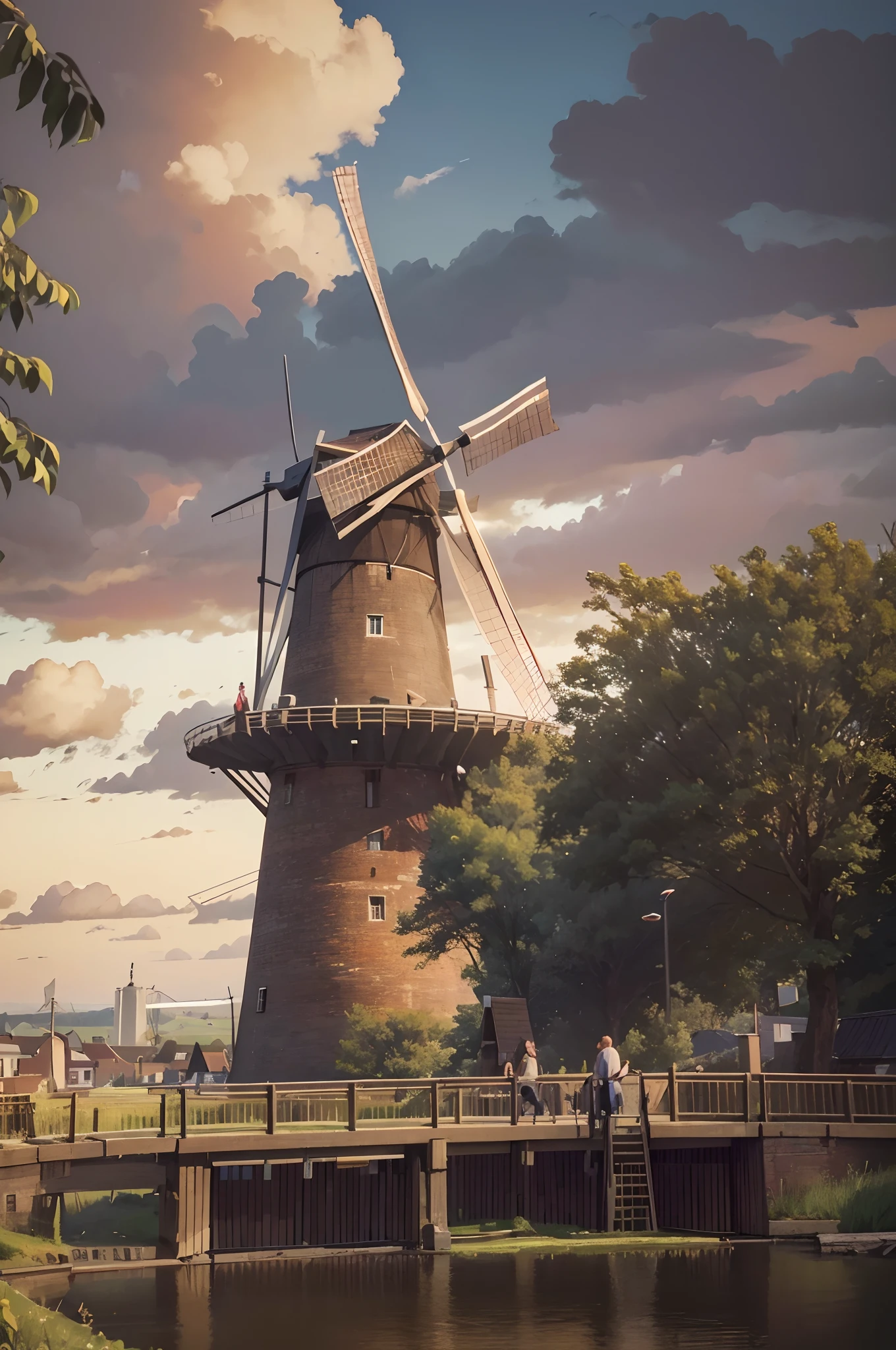 北方, 世界上最高的风车, 翱翔在荷兰的风景上空. 其巨大的木质叶片在风景如画的乡村背景下优雅地转动, 捕捉荷兰工程和传统的精髓. 辉煌成就, 风力奇迹, 风景秀丽的乡村, 巨大的地位, 历史自豪感, 动漫现实主义, 完美例证