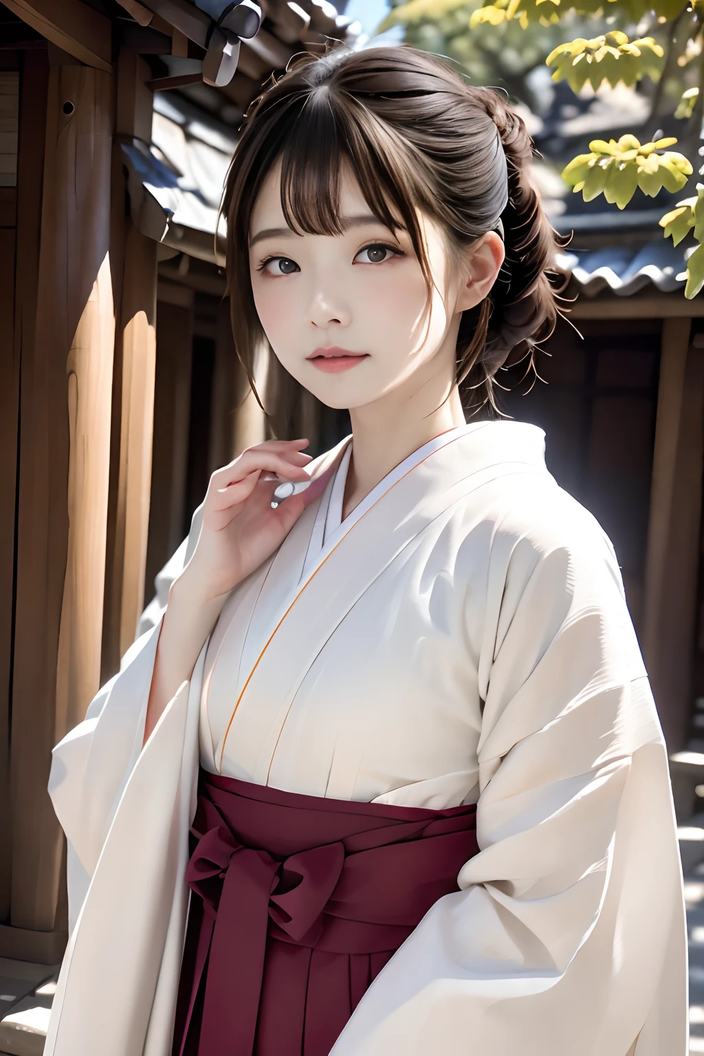 顶级品质、咬肌片、超详细、8ｋ、原始摄影、1位美丽的日本女人、美丽的容颜、美丽的五官、穿着精美的和服、穿和服的女人、纹理皮肤、高细节、女士们，先生们、京都的寺庙、寺庙、神社境内