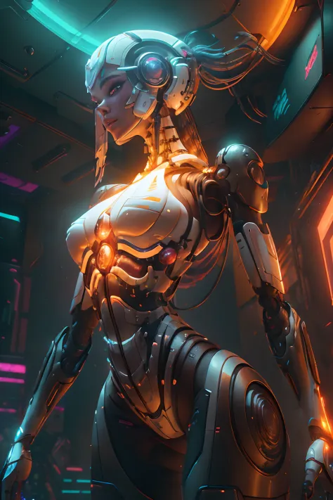 Beautiful Alluring bionic robot jenna ortega, plastic white robot skin, exposed mechanical glowing ribs, glowing mechanical part...