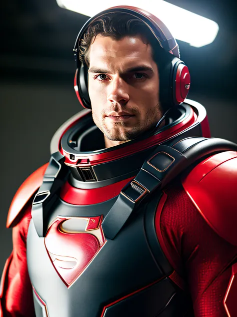 professional model shoot photo, Henry Cavill (highly detailed:1.1),figure jacket ,helmet glowing Red, neon-ground-astronaut sci-...