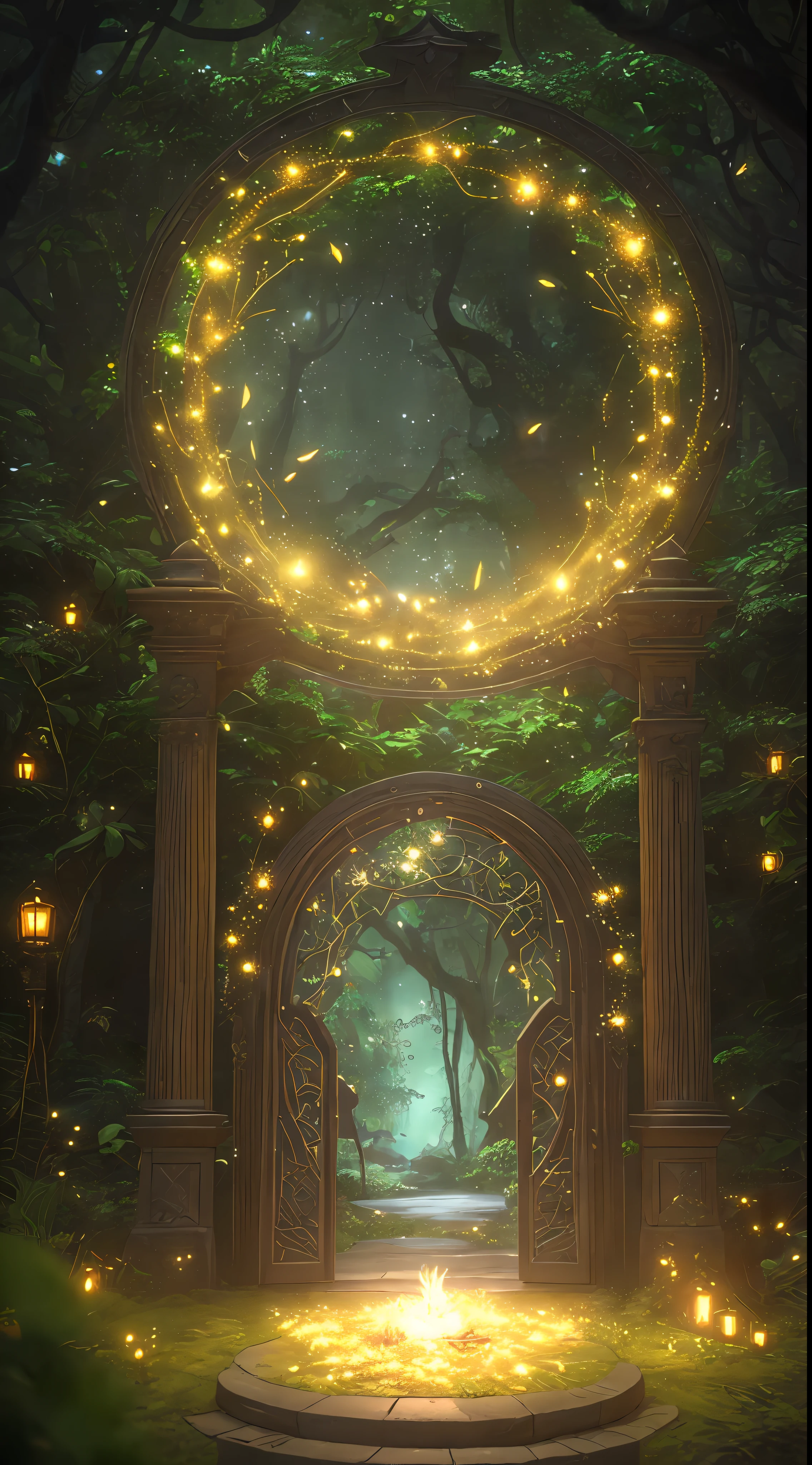 (디지털 아트워크:1.3) ~의 (스케치됨:1.1) octane render ~의 a mysterious dense forest with a large (마법 같은:1.2) 문 (문:1.3) 영원한 나라로, The 문 frame is designed in a round shape, surrounded by delicate 나뭇잎 and branches, with 반딧불이 and 불타는 듯한 빛깔ing 입자 효과, (UI 인터페이스 프레임 디자인), (자연 요소), (정글 테마), (정사각형), (나뭇잎) , (나뭇가지), (반딧불이), 나비, (delicate 나뭇잎), (불타는 듯한 빛깔), (입자 효과, 복잡한 디테일을 가볍게 새겨보세요, (가벼운 입자:1.2), (게임 컨셉:1.3), (depth ~의 field:1.3), 전역 조명,매우 상세한,아트스테이션의 트렌드.