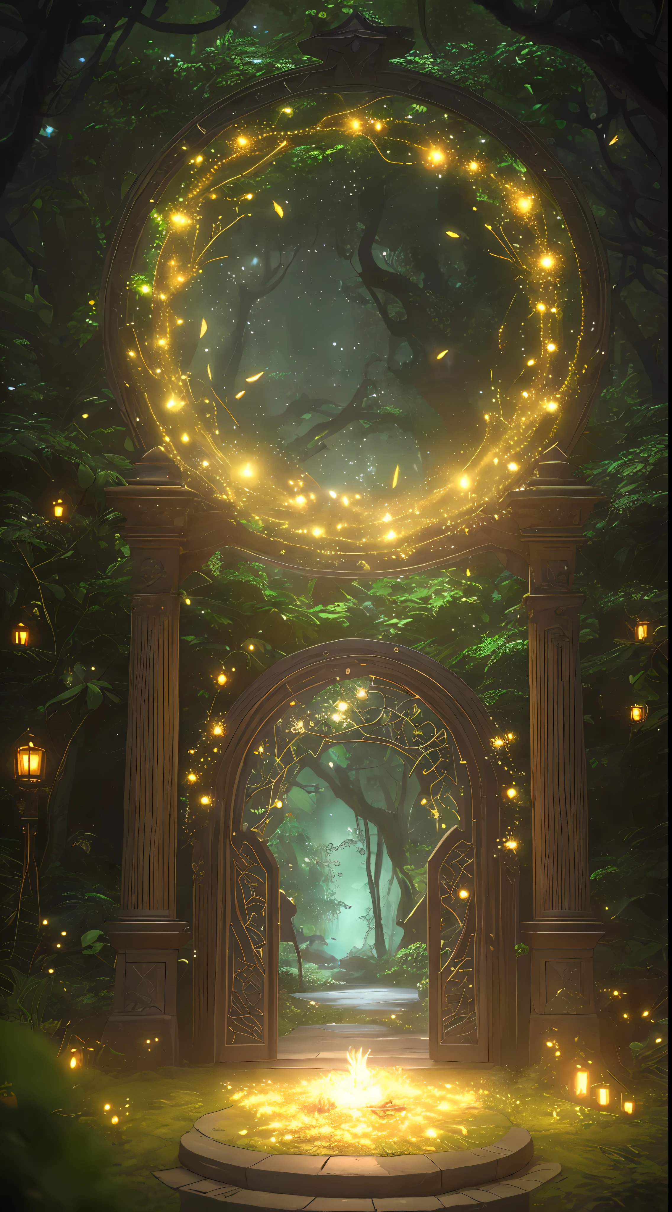 (digitales Kunstwerk:1.3) von (skizziert:1.1) octane render von a mysterious dense forest with a large (magisch:1.2) Tor (Portal:1.3) zum ewigen Königreich, The Tor frame is designed in a round shape, surrounded by delicate Blätter and branches, with Glühwürmchen and Glühening Partikeleffekte, (UI-Schnittstellenrahmendesign), (natürliche Elemente), (Dschungelthema), (Quadrat), (Blätter) , (twigs), (Glühwürmchen), Schmetterlinge, (delicate Blätter), (Glühen), (Partikeleffekte, Lichtgravur in komplizierten Details, (Lichtteilchen:1.2), (Spielkonzept:1.3), (depth von field:1.3), Globale Beleuchtung,sehr detailliert,Trends auf ArtStation.