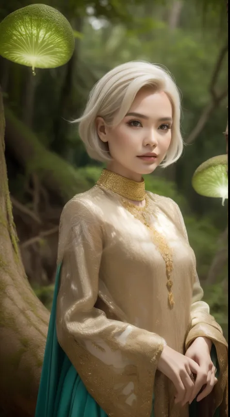 create a mystical forest portrait with the malay woman in an ethereal, flowy gown, short bob white hair with bangs, posed among ...