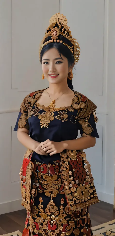 a close up of a woman in a costume standing in a room, happy face, traditional beauty, traditional makeup, wearing an ornate outfit, traditional dress, traditional clothes, traditional costume, wearing traditional garb, wearing authentic attire, traditiona...