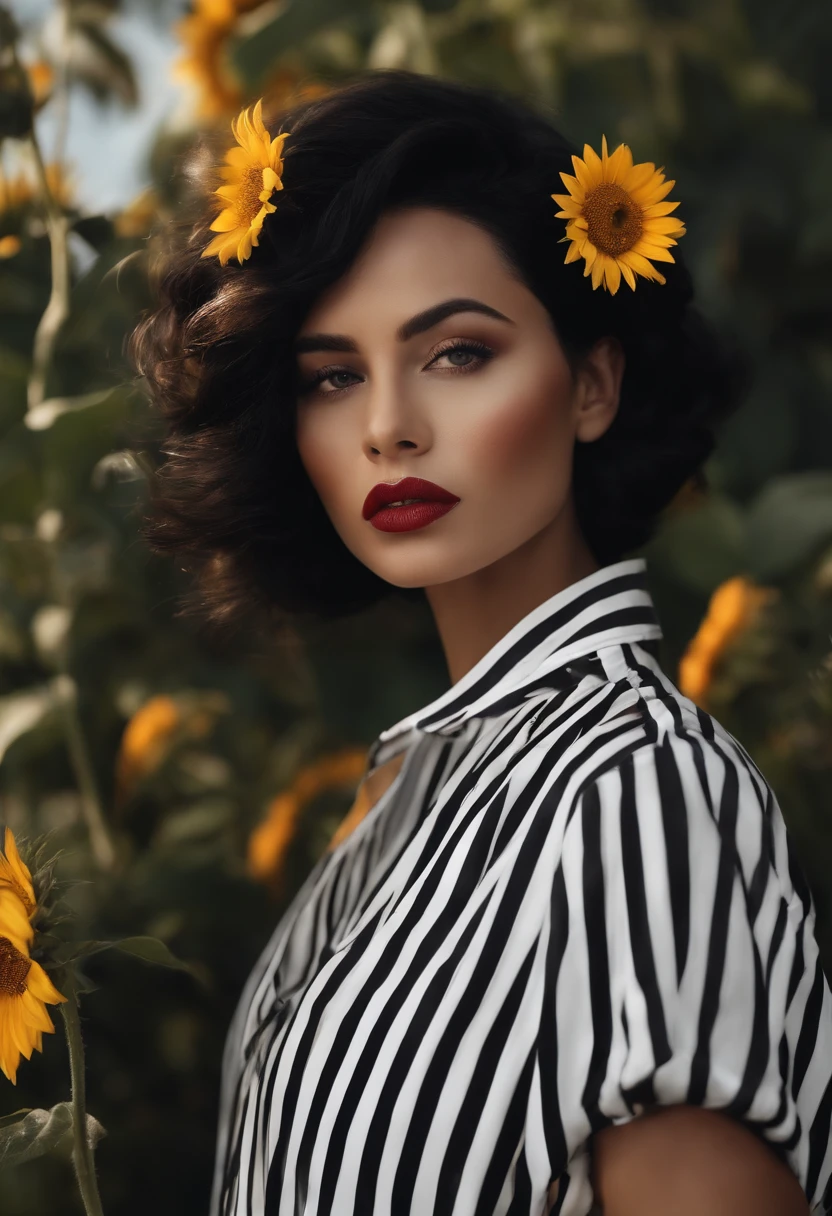 a 30 year old girl , bronze skinned, black silky short hair , wearing a black and white stripped pijamas , large lips , many war peircings , eating sun flower seeds