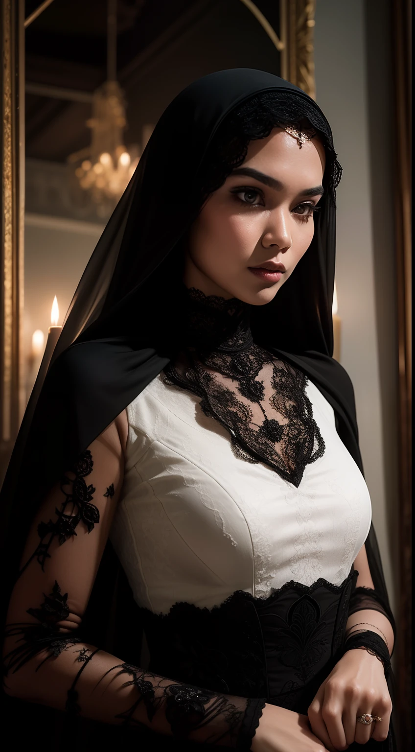 Nehmen Sie ein eindringlich schönes Porträt der malaiischen Frau in einem gotisch inspirierten,weiße lange Haare, schwarzes Spitzenkleid mit Schleier, In einem mysteriösen und unheimlichen Herrenhaus, wo Kerzenlicht unheimliche Schatten wirft, Schaffung einer düsteren Atmosphäre, Gothic-Horror.