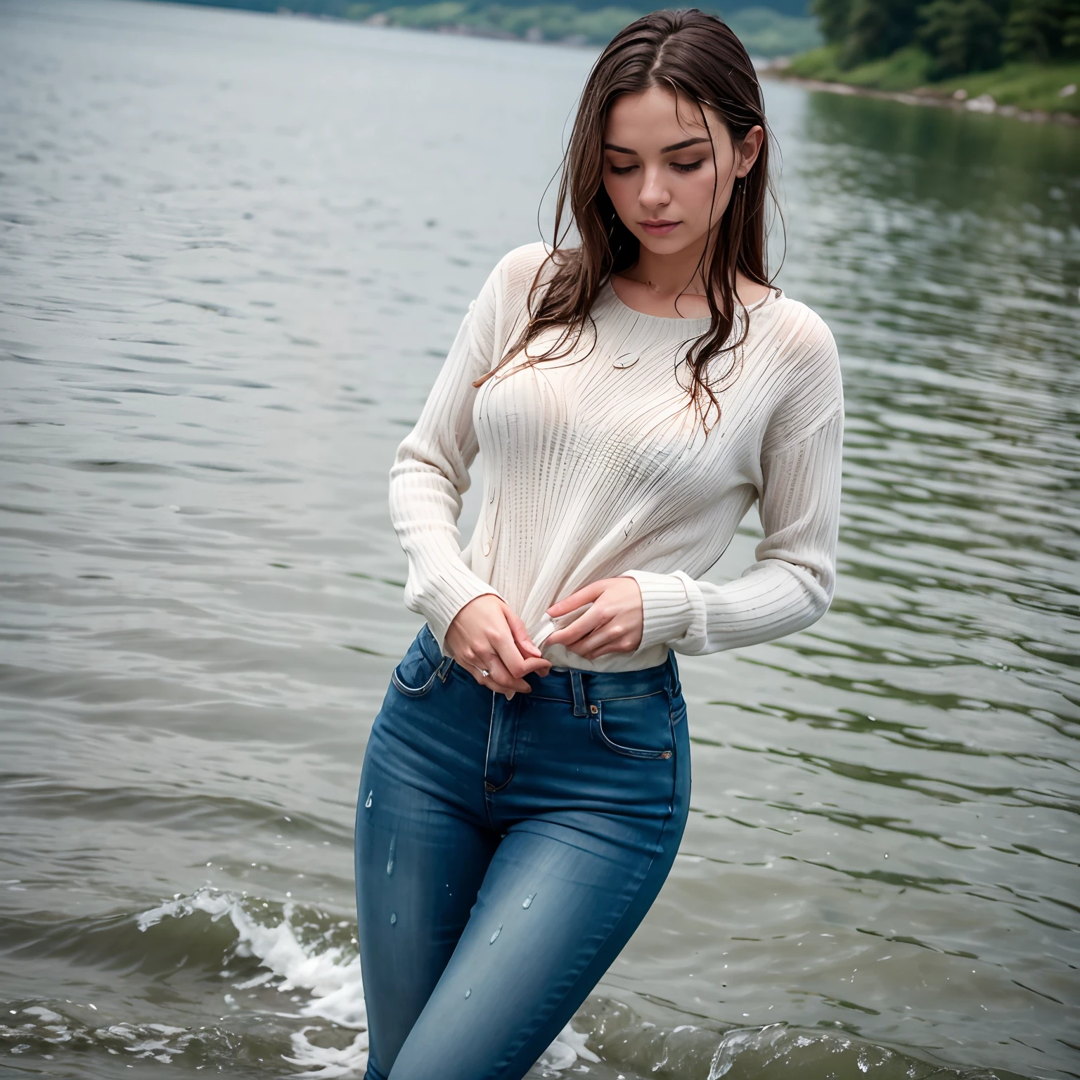 Araffe woman in jeans standing in the water with her hands in her pockets -  SeaArt AI