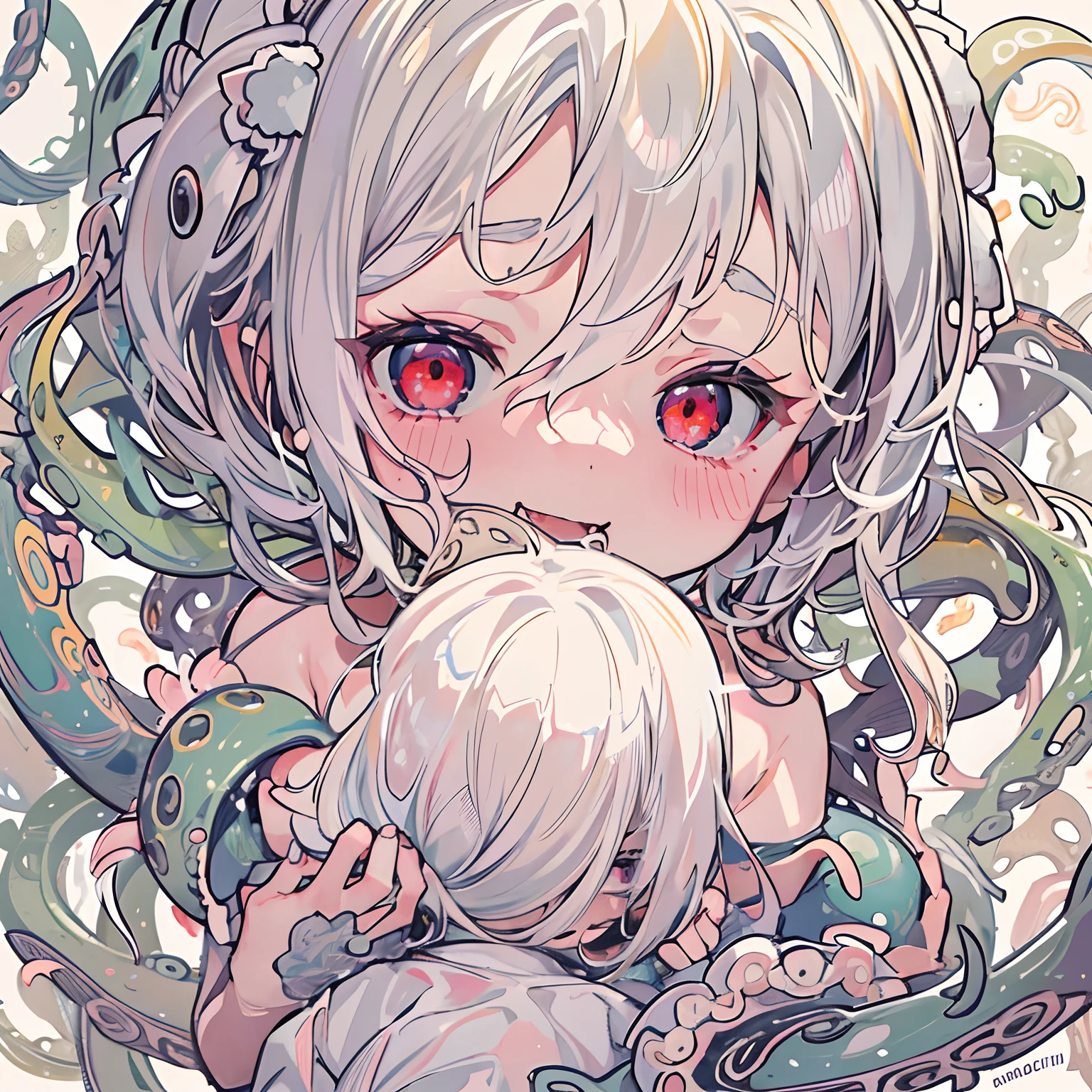 Anime girl with white hair holding a baby in her arms - SeaArt AI