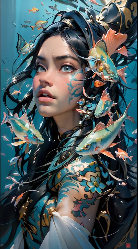 A woman with fish on her head and long hair, lindo arte digital, linda arte digital linda, retrato bonito da arte da fantasia, R...