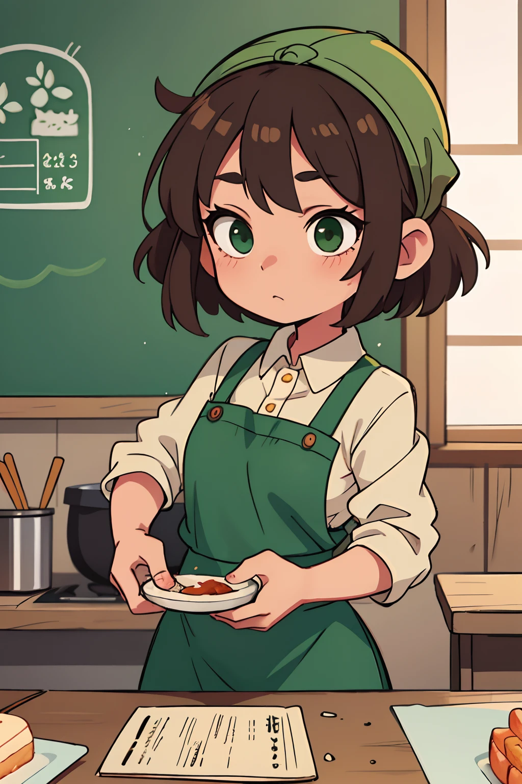 明るい茶色の髪の短い緑の目、頭に緑のエプロンを持つ女の子料理クラブのリーダー , ミニエプロンをした日本人はとても親切で思いやりがある