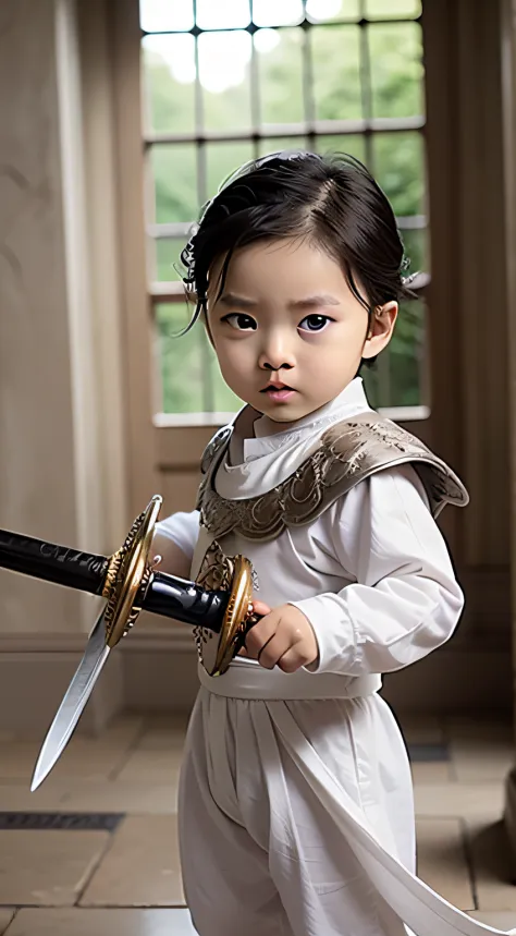 Masterpiece, Best quality, Photorealistic ,1 baby boy, 5 months old, holdingsword, Wearing white costumes