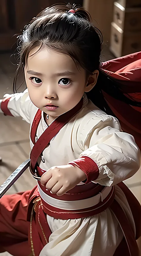 Masterpiece, Best quality, Photorealistic ,1 baby boy, 5 months old, Holding a red tasseled gun, wearing white outfit