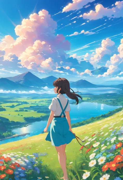 Summer, meadows, a few small flowers, clear lakes, sheep, heaven, large clouds, blue sky, hot weather, HD detail, hyper-detail, cinematic, surrealism, soft light, deep field focus bokeh, distant vistas are snowy mountains, ray tracing, and surrealism. --v6