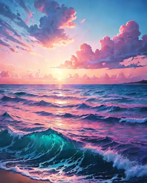 a painting of a sunset over the ocean, a digital painting, tumblr, wallpaper anime blue water, pink and blue colour, clouds and waves, rossdraws pastel vibrant, endless sea, magenta and blue
