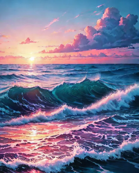 a painting of a sunset over the ocean, a digital painting, tumblr, wallpaper anime blue water, pink and blue colour, clouds and waves, rossdraws pastel vibrant, endless sea, magenta and blue