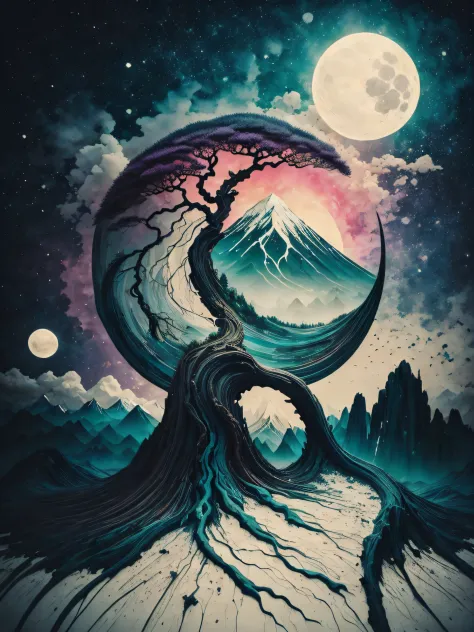 Painting a tree on top of a mountain, Surrealist illustration, Arte oscuro surrealista, Surrealismo pop Lowbrow Art Style, Arte lowbrow, atardecer, luna
