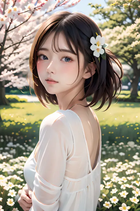 (masutepiece), Best Quality, Ultra-detailed,girl with,White shirt、bionde、small nose、blurry backround:1.5、plein air、flower  field