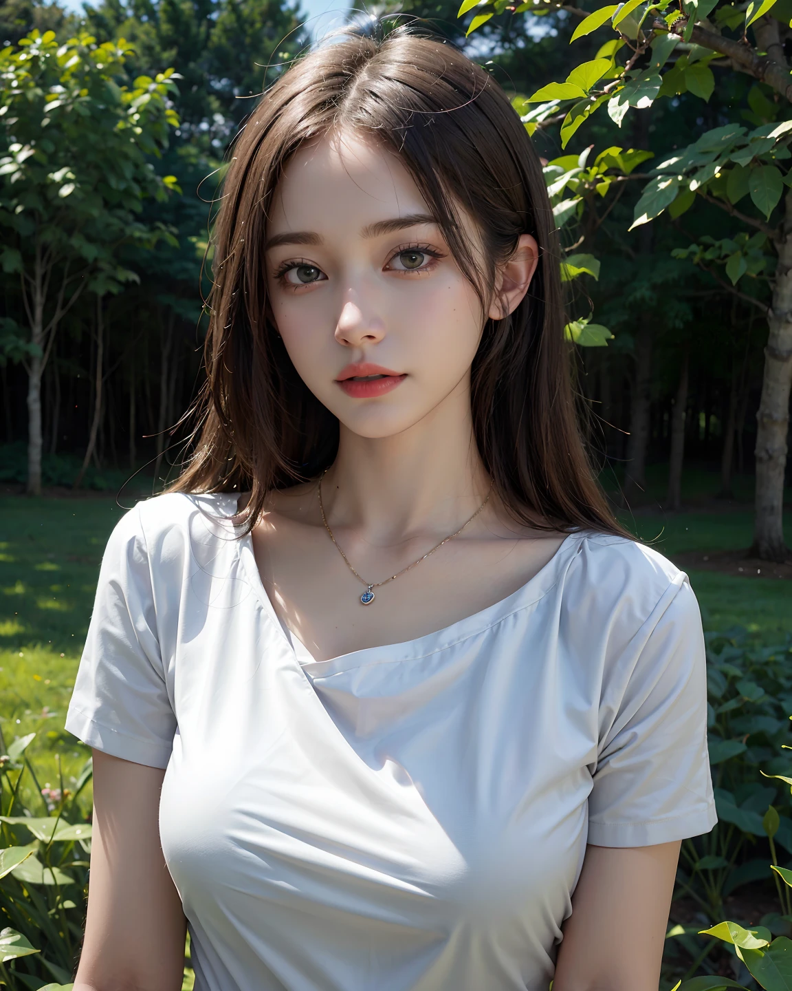 1girl,white shirt,necklace,sunny park background,centered detailed,(best quality,4k,8k,highres,masterpiece:1.2),ultra-detailed,(realistic,photorealistic,photo-realistic:1.37),vivid colors,sharp focus,natural lighting,lush green trees,tall grass,playful expression,gentle sunlight,breezy atmosphere,sunshine filtering through the leaves,stunning clarity,peaceful surroundings,lifelike textures