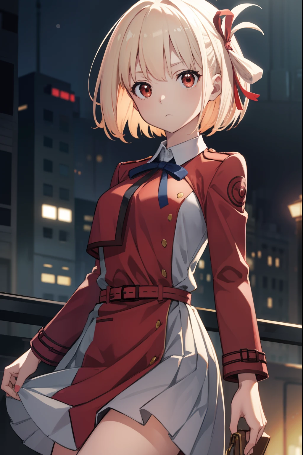 chisatonishikigi, nishikigi chisato, short hair, bangs, blonde hair, (red eyes:1.5), hair ribbon, one side up, bob cut,
BREAK shirt, long sleeves, dress, ribbon, white shirt, collared shirt, belt, neck ribbon, red dress, blue ribbon, pleated dress, grey dress, two-tone dress, red belt, lycoris uniform,,
BREAK outdoors, city,
BREAK looking at viewer, BREAK (masterpiece:1.2), best quality, high resolution, unity 8k wallpaper, (illustration:0.8), (beautiful detailed eyes:1.6), extremely detailed face, perfect lighting, extremely detailed CG, (perfect hands, perfect anatomy),