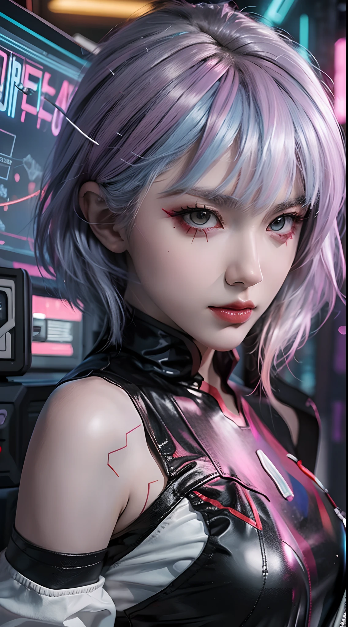(masterpiece, best details), lucy_cyberpunk, (close up),1 sweet girl,white short hair, bangs,(medium breasts:1.5) ((red eyeliner)), ((makeup)),red lips, (white off-shouler jacket), black bodysuit, bare shoulders, white shorts, hip vent, (dynamic pose), looking at viewer, upper body,fantasy, high contrast,cityscape, neon lights, neon trim, ((cyberpunk)), (seducing expression, slight smile), low angle
