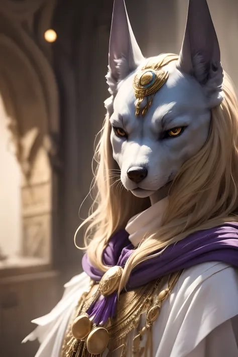 a girl, blond hair, servant of the god anubis, white robes, the magic of purple, the god anubis is nearby