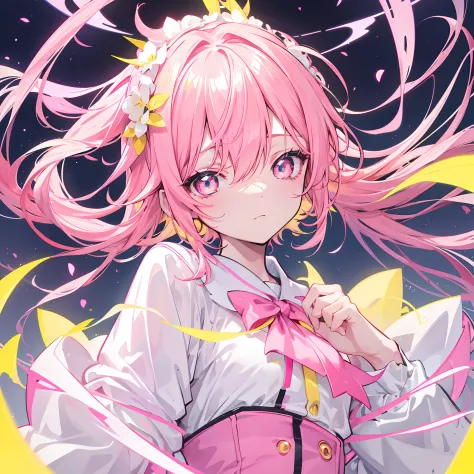 Glowing light pink yellow with hair and pupils，They are also fluorescent，A school uniform in a glowing pink, yellow and white color，Very tender and shiny face，It also fluoresces，The whole is shining，It's a sweet loli girl