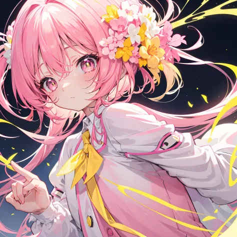 Glowing light pink yellow with hair and pupils，They are also fluorescent，A school uniform in a glowing pink, yellow and white color，Very tender and shiny face，It also fluoresces，The whole is shining，It's a sweet loli girl