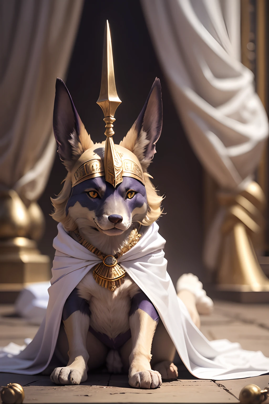 A boy, blond hair, servant of the god Anubis, white robes, The Magic of Purple, the god Anubis is nearby