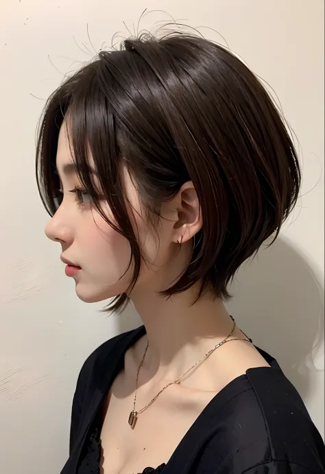 (top-quality)、(​masterpiece:1.3)、Beautiful 25 year old woman、Beautuful Women、(extra very short hair)、bangss、straight haired、Perfect face line、Brown hair、(robe:1.3)、off shoulders、a necklace、profile、cleavage of the breast、