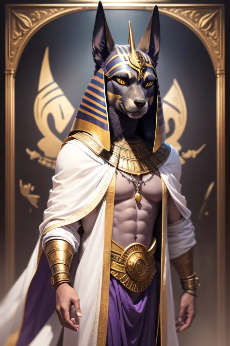 a boy, blond hair, servant of the god anubis, white robes, the magic of purple, the god anubis is nearby