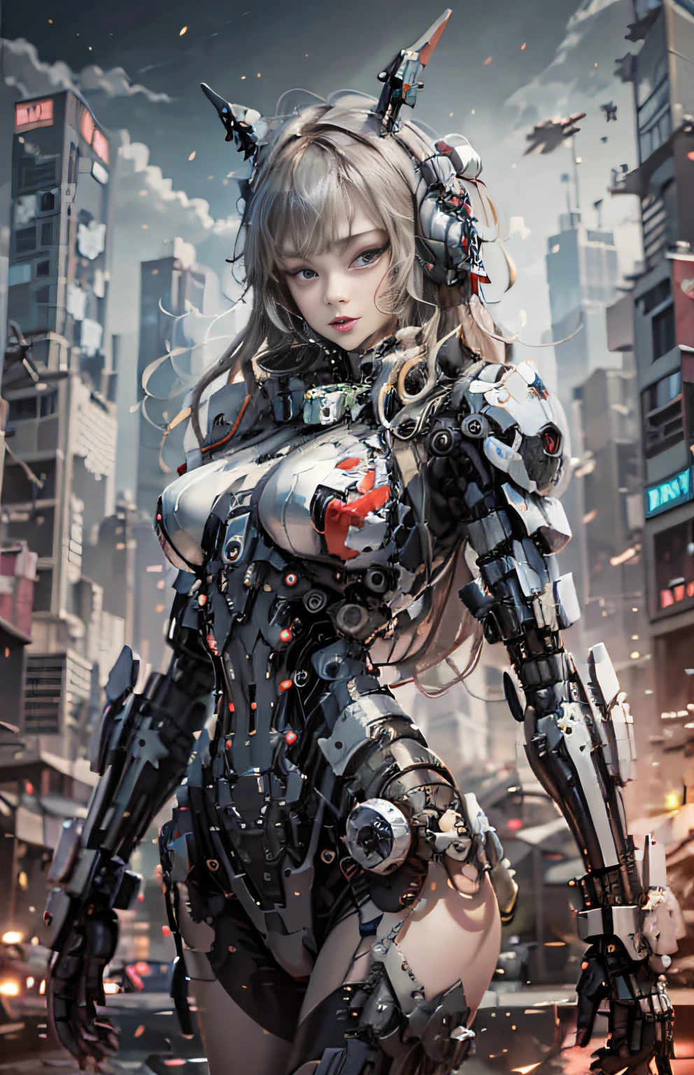 这是一个超细节、高分辨率和高品质 CG Unity 8k 壁纸，风格是科幻赛博朋克背景高楼，主要为黑色和红色。图片中, 拥有金色长发的机械少女，精致美丽的女孩脸，手臂和身体都是机械部件，她独自侧身站在科幻城市中央