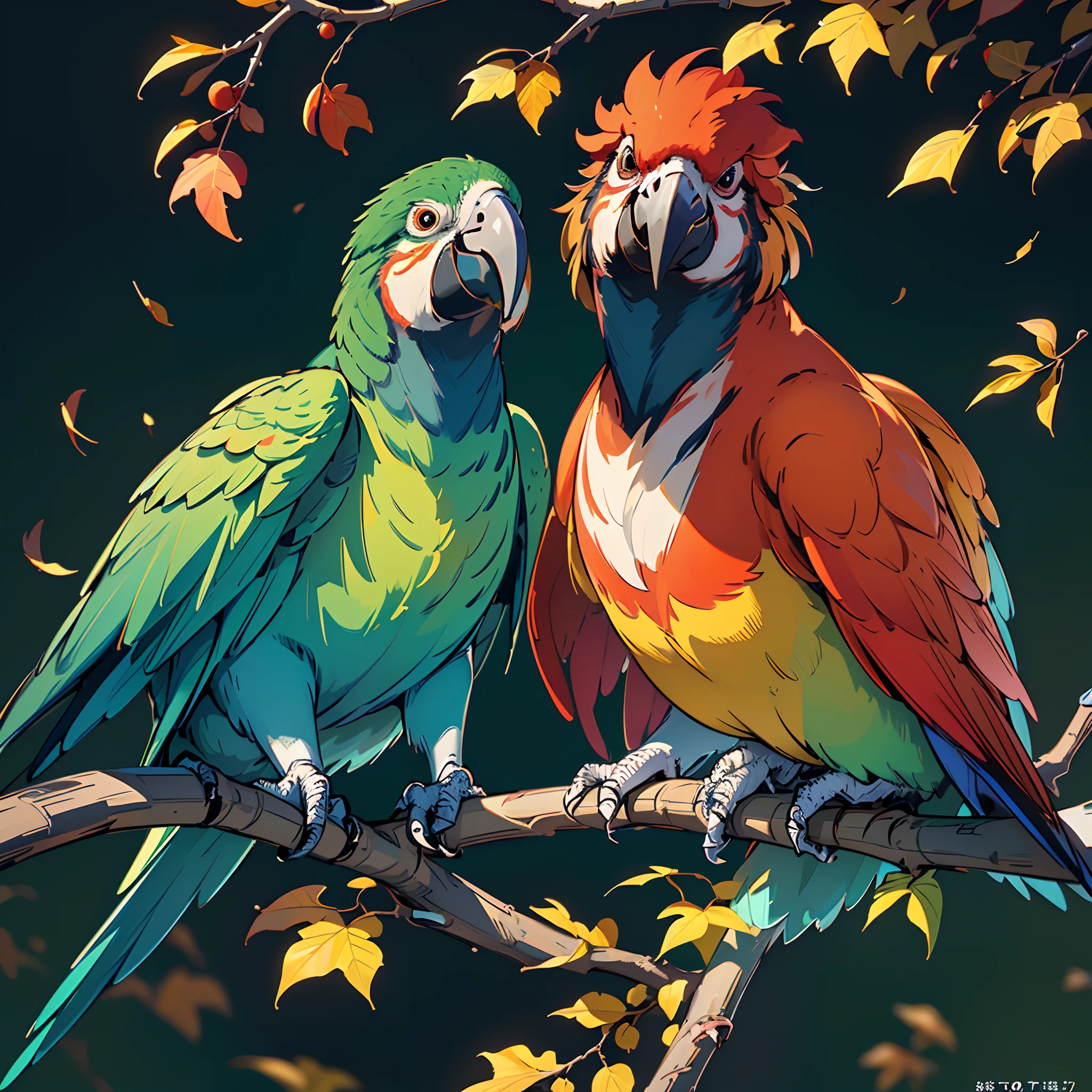 (best quality,4k,8k,highres,masterpiece:1.2),ultra-detailed,(realistic,photorealistic,photo-realistic:1.37),vibrant colors,soft lighting,illustration,feathers,autumn leaves,cheerful atmosphere,cute parrot,singing on top of the autumn tree branch,colorful plumage,parent-infant interaction,peaceful background scenery.