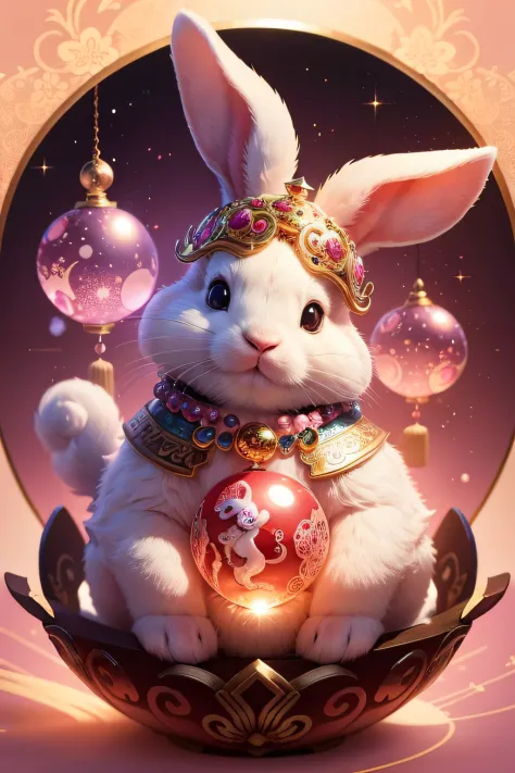 Cute Chinese zodiac rabbit decorated with various jewelry ornaments，With a shining crystal ball，staring directly at camera， at centre，Very bright colors, light Particle, with light glowing, Musif, Wallpaper Art, UHD Wallpapers, Background Pink, Crystal Hor...