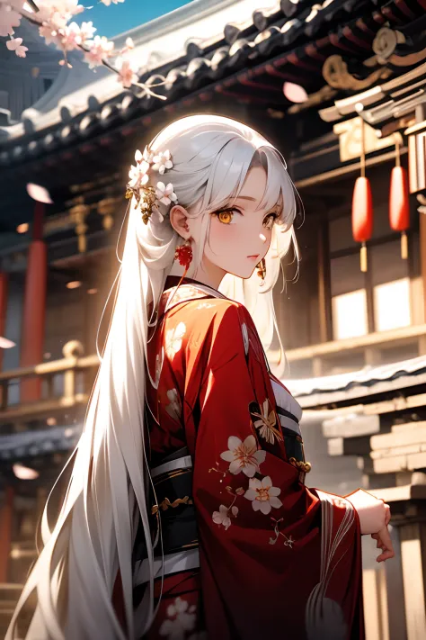 masterpiece, best quality, 1girl, yellow eyes, long hair, white hair, tree, stairs, standing, kimono, sky, cherry blossoms, temp...