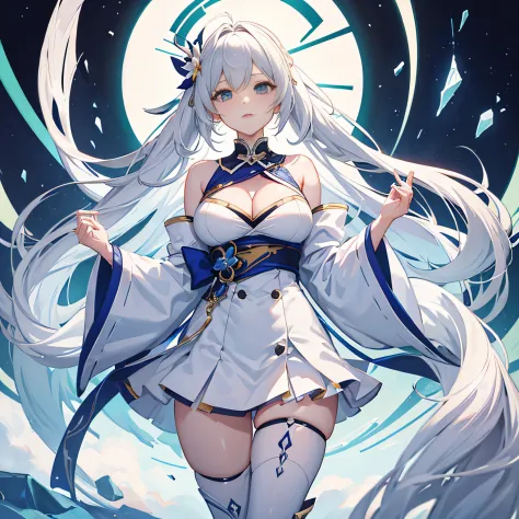 Honkai 3，Beth，Lori huge breasts cleavage，dual horsetail，White color hair，period costume，teens girl，solo person