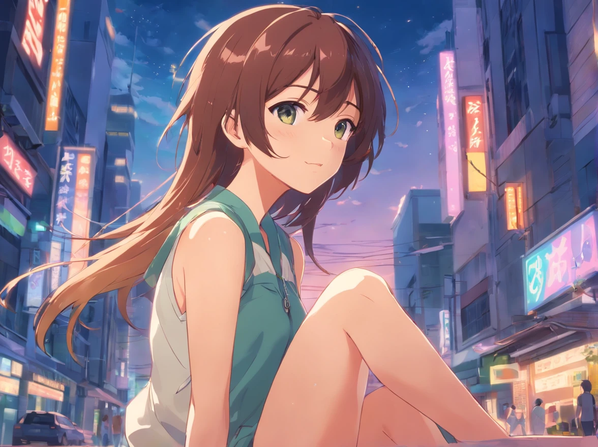 Anime girl sitting on the ground in a city at night - SeaArt AI