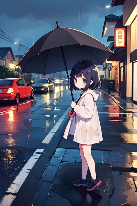 Photo of a little girl with an umbrella on a rainy day、Umbrellas are great、bustup、Eye Up、The road surface is wet、She enjoys the rain、The sky in the back is clear