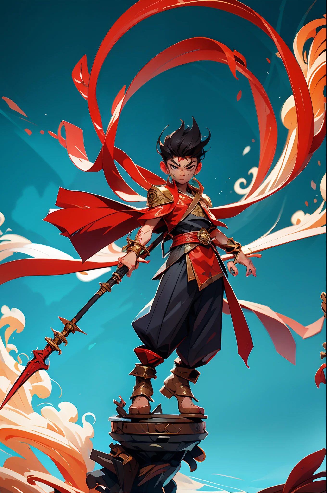 1 boy, blood on face, angry, holding spear, (flying), chinese mythology, cloudy, detailed sky, abstract background, (flame_surge_style:0.5)