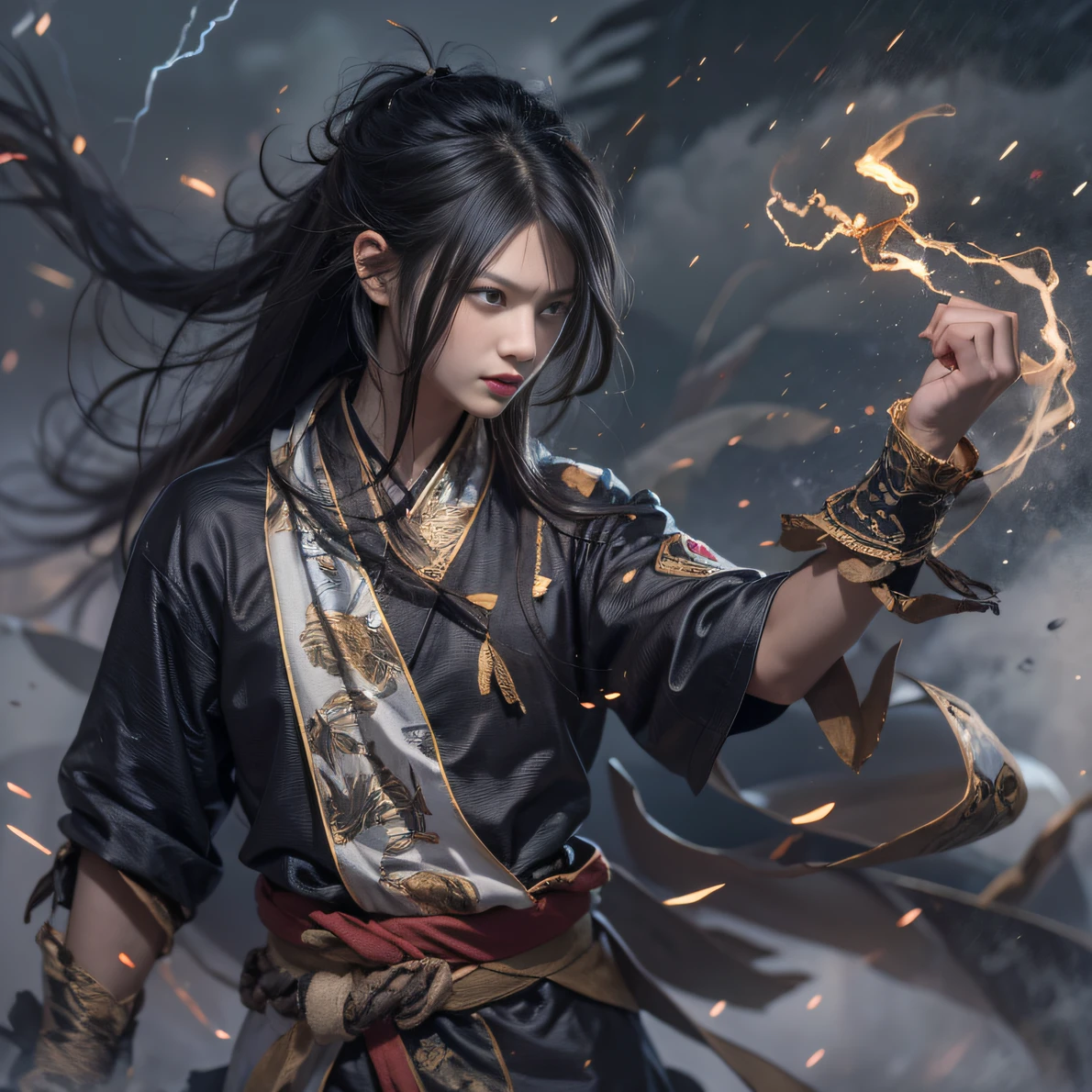 Face away from the camera（ruins）eyes filled with angry，He clenched his fists，Rush up，Deliver a fatal blow to your opponent，full bodyesbian，Full Body Male Mage 32k（tmasterpiece，k hd，hyper HD，32k）Long flowing black hair，Campsite size，zydink， a color， patriot （ruins）， （Linen batik scarf）， Angry fighting stance， looking at the ground， Batik linen bandana， Chinese deer pattern long-sleeved garment， （Abstract propylene splash：1.2）， Dark clouds lightning background，Flour flies（realisticlying：1.4），Black color hair，Flour fluttering，Background fog， A high resolution， the detail， RAW photogr，Telephoto miniaturization， Sharp Re， Nikon D850 Film Stock Photo by Jefferies Lee 4 Kodak Portra 400 Camera F1.6 shots, Rich colors, ultra-realistic vivid textures, Dramatic lighting, Unreal Engine Art Station Trend, cinestir 800，Flowing black hair,（（（Male mage））），The male mage was furious，